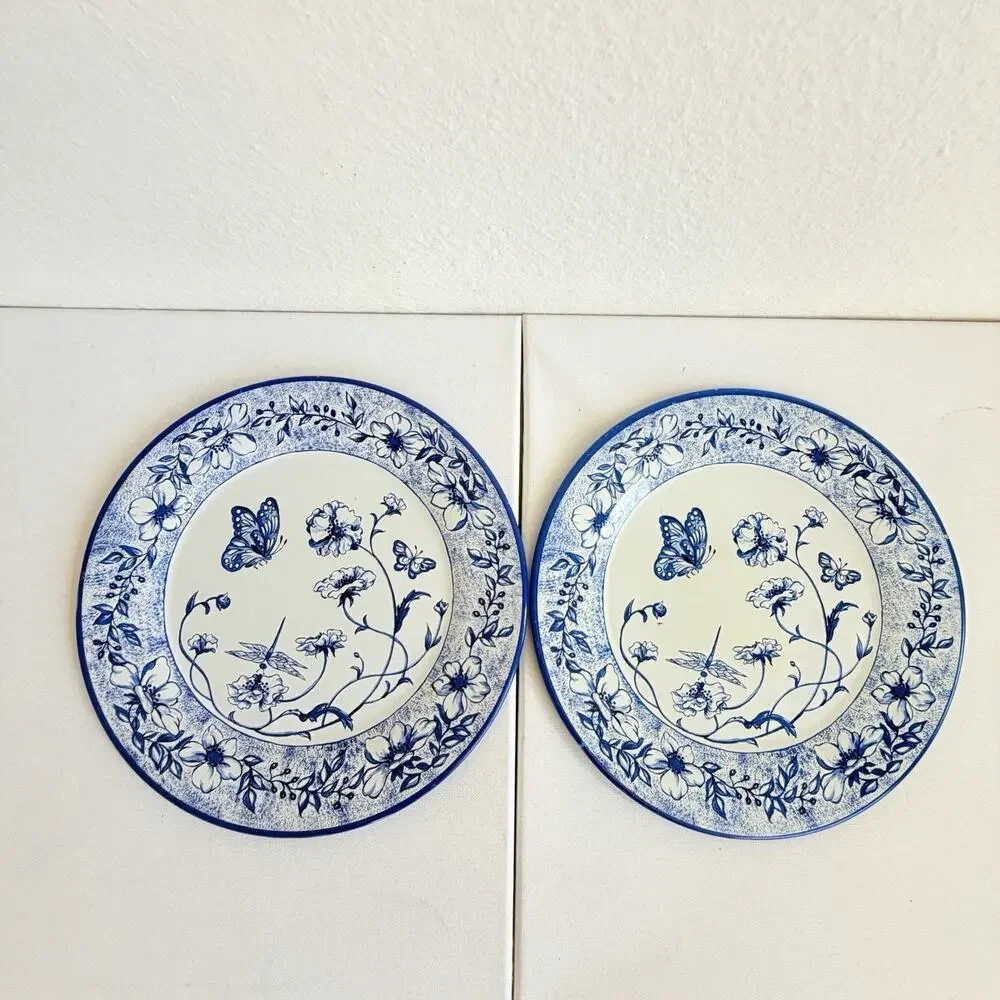 Set of 8 Vintage Restoration Hardware Blue & White Flo Tin Plates 10